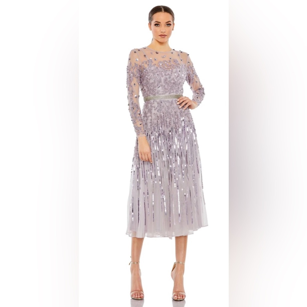Mac Duggal long sleeve tea length lilac dress, SZ 10